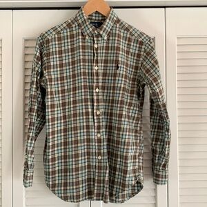 Ralph Lauren Youth Cotton Flannel Button Down Brown & Green Plaid Size Large